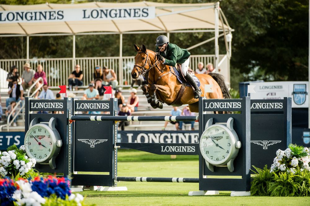 Paul O'Shea (IRL) and Imerald van't Voorhof bested a 15-horse jump-off to win the CSIO5* Longines Grand Prix of the Palm Beach Masters. Photo by Kathy Russell Photography