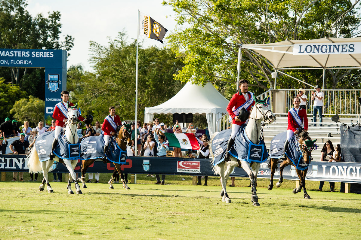 Team Mexico, consisting of Manuel Gonzalez Dufrane, Eugenio Garza Perez, Juan Jose Zendejas Salgado and Fernando Martinez Sommer, won the $290,000 CSIO5* Longines FEI Jumping Nations Cup™ USA.
Photo by Kathy Russell Photography