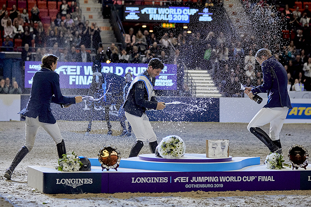 Newly-crowned champion, Switzerland’s Steve Guerdat is showered with champagne after winning the Longines FEI Jumping World Cup™ Final 2019 at the Scandinavium Arena in Gothenburg (SWE) today. (FEI/Liz Gregg) 