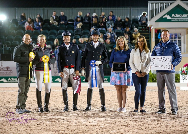 The Palm Beach Derby participants, Steffen Peters (USA), Pia Fortmuller (CAN), Jan Ebeling (USA) and winner Christoph Koschel with Whitney Fernandes of Adequan® and Mary Anne and Walter McPhail of the Palm Beach Derby.