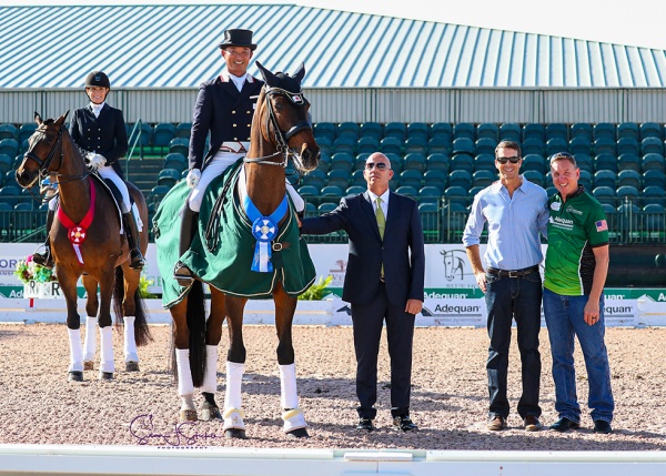 Kiichi Harada (JPN) and Egistar with judge Peter Storr, Craig Martin of Wellington Equestrian Realty and Adequan®’s Allyn Mann.