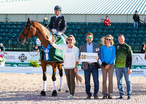 Steffen Peters with judge Mariette Sanders-Van Gansewinkel, Drs. Scott Swerdlin and Marilyn Connor of Palm Beach Equine Clinic and Adequan®’s Allyn Mann.