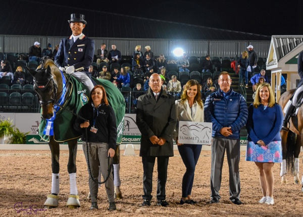 Kiichi Harada on Fairytale S with judge Peter Storr, Sarah Lockman and Scott Hassler of Summit Farm and Whitney Fernandes of Adequan®.