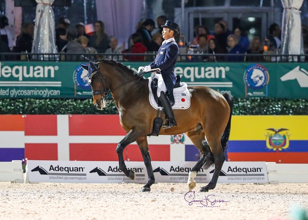 Kiichi Harada (JPN) makes it two wins from two starts in week seven on the 17-year-old Egistar, winning the FEI Grand Prix Freestyle CDI3* with 73.525%.