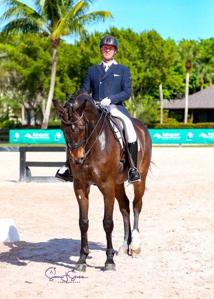 Christopher Hickey (USA) picks up the second ticket in the Summit Farm FEI Prix St. Georges Future Challenge, scoring over 70% on Stenagers Wyatt Earp, an eight-year-old by Wilkens.