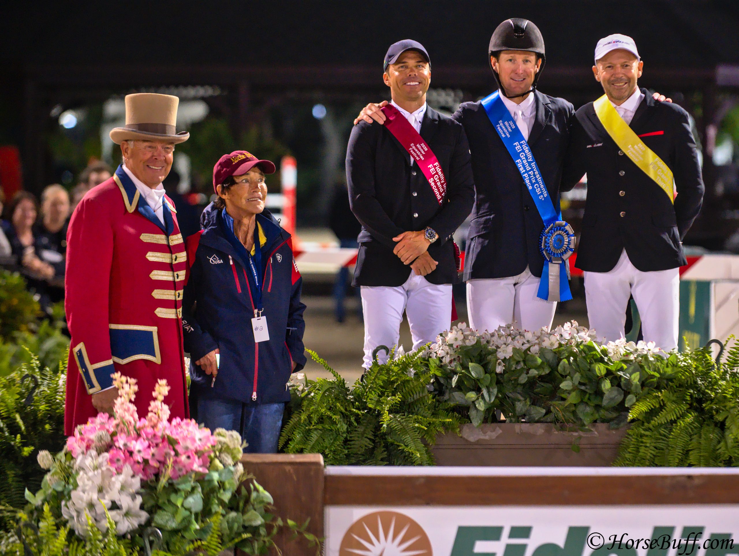 Podium finishers Kent Farrington, McLain Ward, and Eric Lamaze are  joined by ringmaster Steve Rector, Noche de Ronda’s owner Marilla van  Beuren