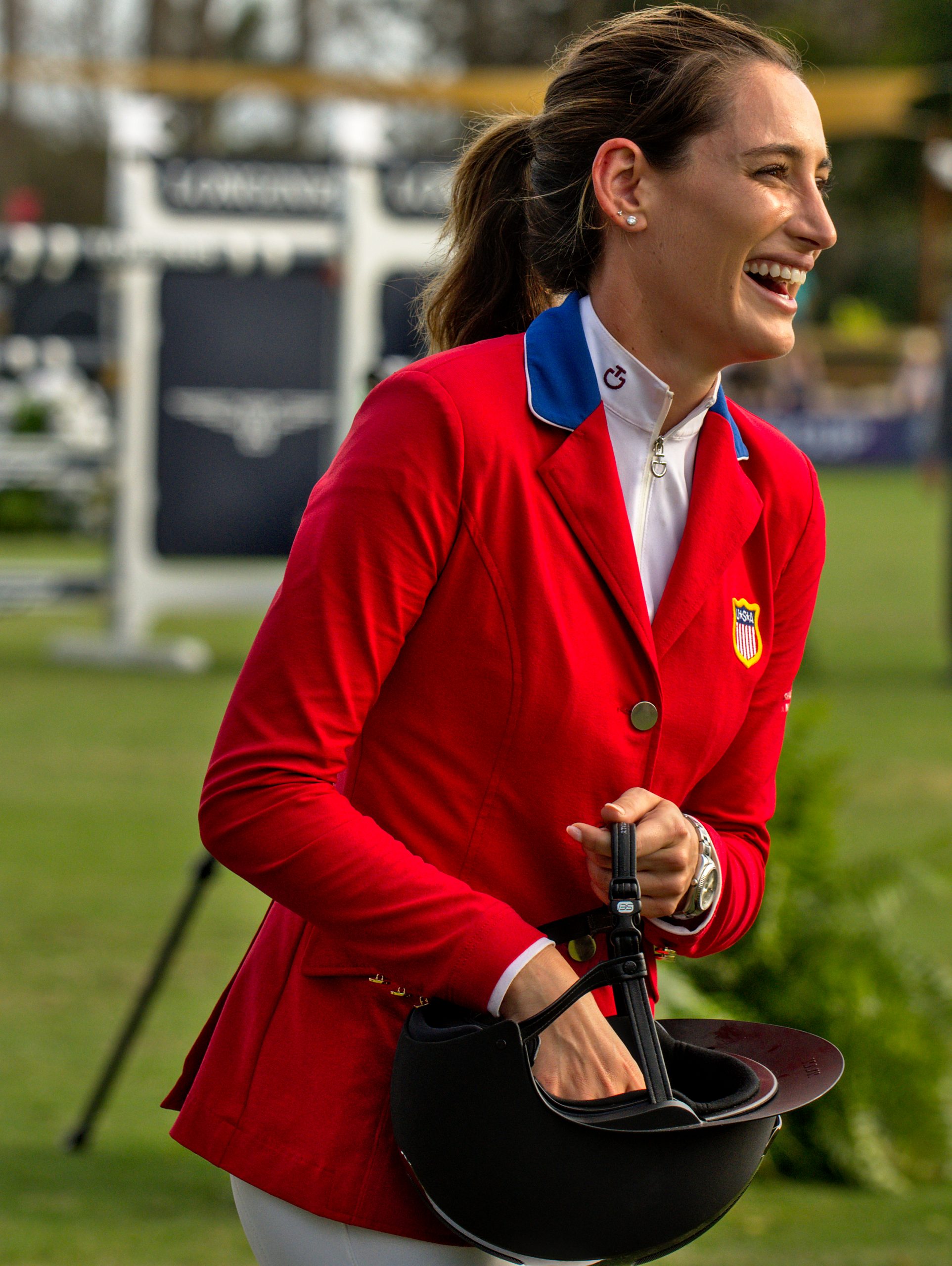 Jessica Springsteen with a winning smile at Longines FEI Jumping Nations Cup at Deeridge Farm