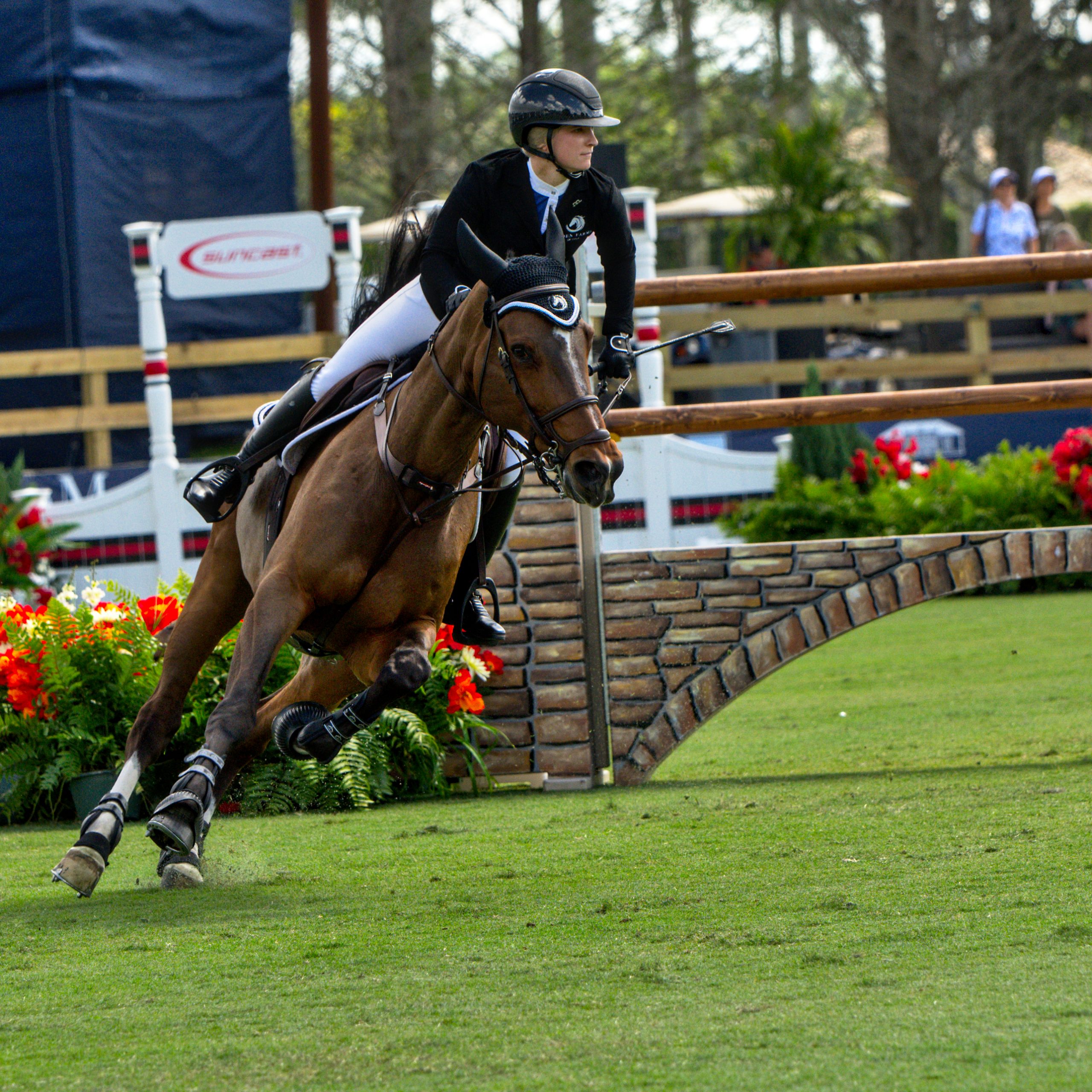 Tipsy du Terral and Emily Moffitt making a turn in jump off round.    Photo © @showjumping247    