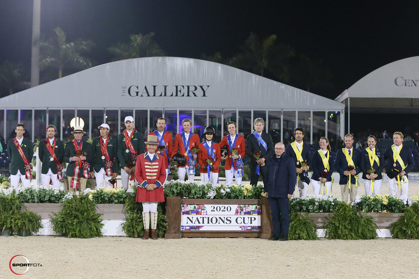 The top three teams, including second-place Ireland, winners from the United States, and third-place Australia with with Equestrian Sport Productions President Michael Stone and ringmaster Steve Rector. 