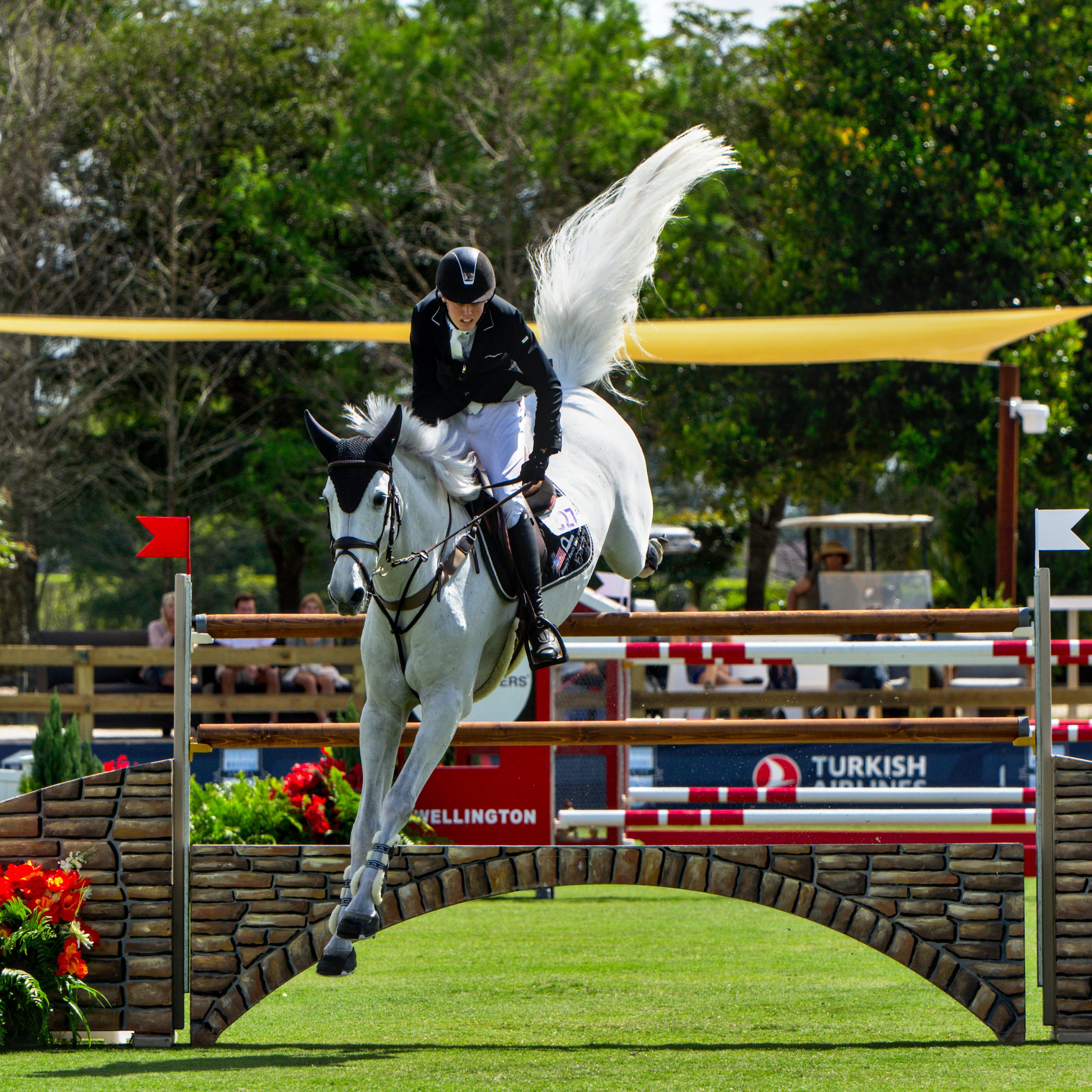 Lucas Porter & C Hunter making flying over wall in jump off round.    Photo © @showjumping247 