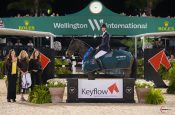 Rene Dittmer & Corsica presented as winners by Nicole Dones, Owner Keyflow USA, Kathy Serio CEO, Keyflow USA, and Bobette Martin, Business Development Manager, Ocala in the $226,000 Holiday & Horses CSI4* Grand Prix, Sponsored by Keyflow Feeds USA © Sportfot