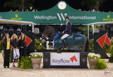 Rene Dittmer & Corsica presented as winners by Nicole Dones, Owner Keyflow USA, Kathy Serio CEO, Keyflow USA, and Bobette Martin, Business Development Manager, Ocala in the $226,000 Holiday & Horses CSI4* Grand Prix, Sponsored by Keyflow Feeds USA © Sportfot